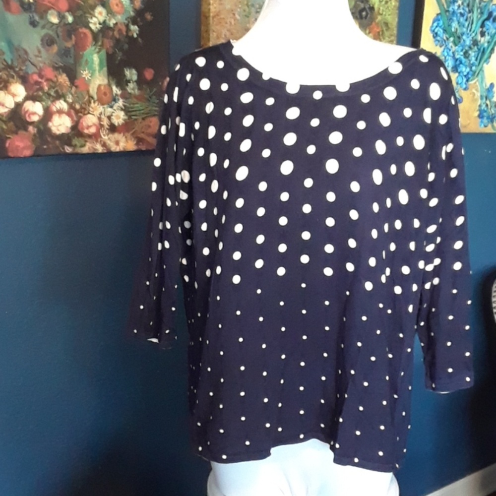 Navy & White Polka Dot knit blouse Large